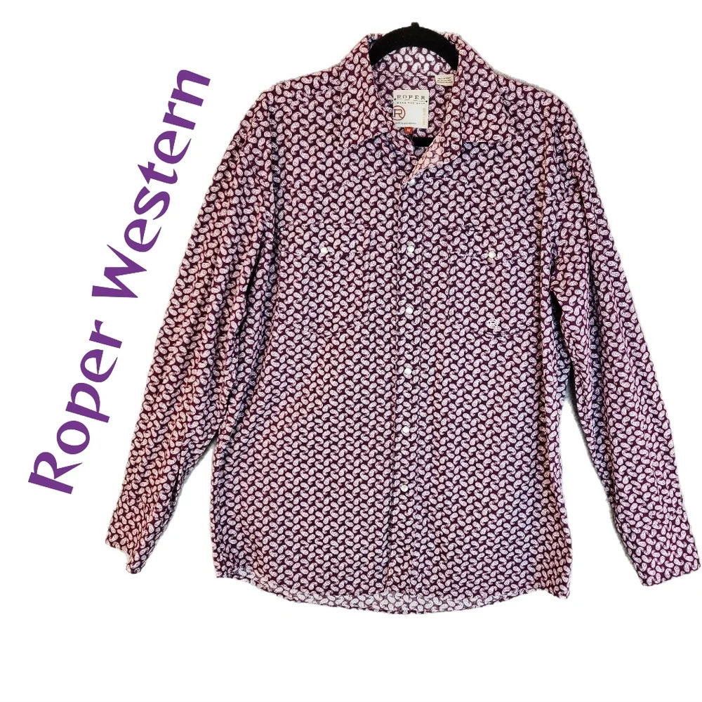 Roper Mens Western Cowboy Purple-White Paisley Shirt Sz M Pearl Snap Button